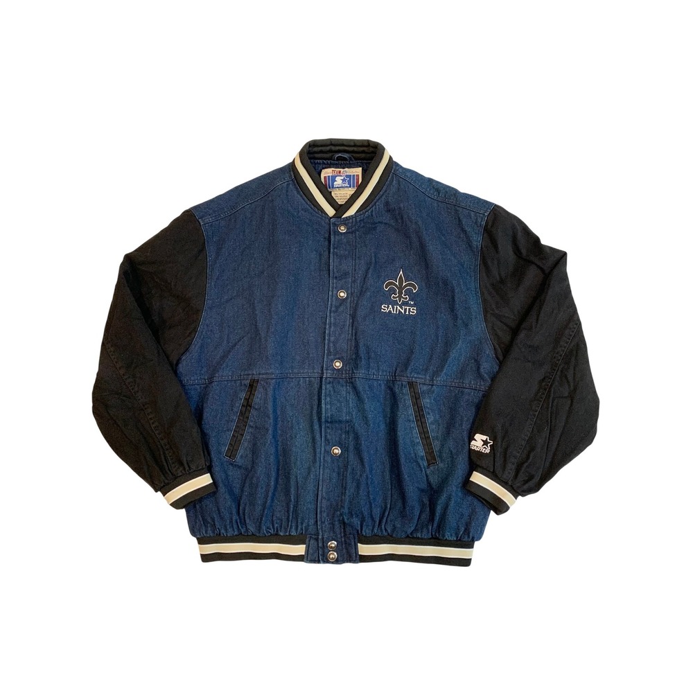 Starter NFL New Orleans Saints Denim Varsity Jacket XXL Blue Black Vintage